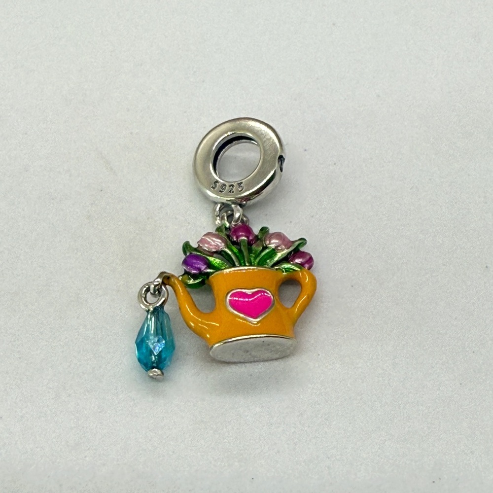 Sterling Silver Watering Can Flower Dangle Charm with Enamel